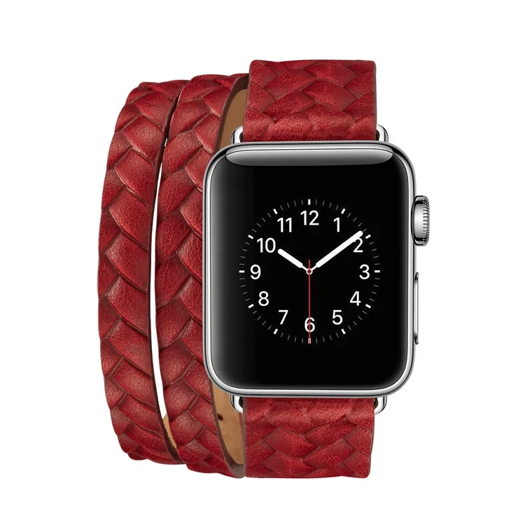 Woven Texture Double Tour Leather Watch Strap with Classic Buckle for Apple Watch Series 3/2/1 42mm - Red