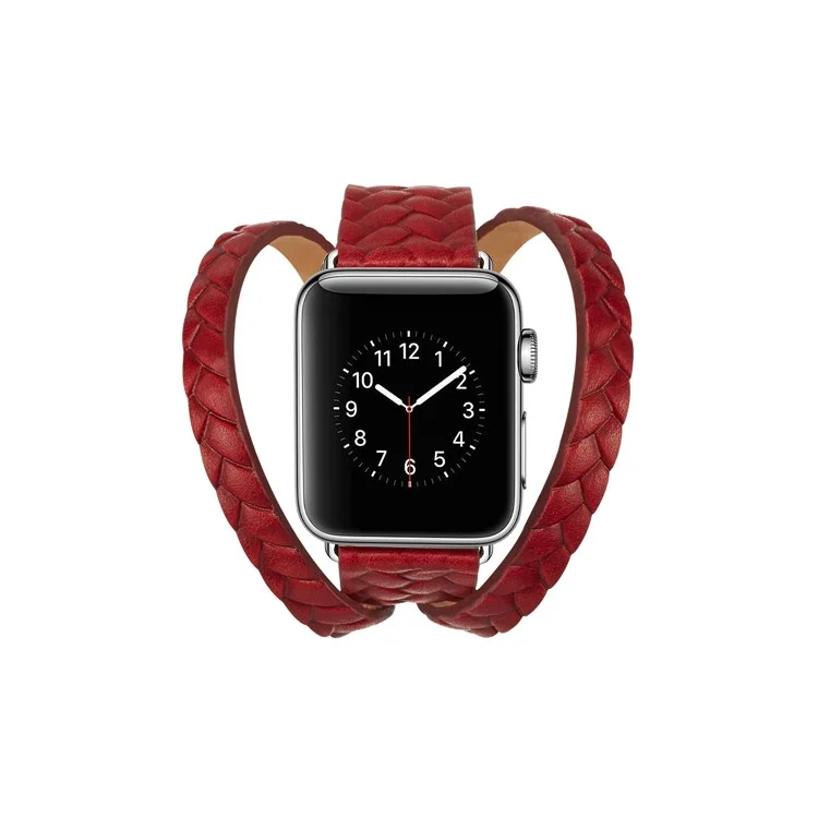 Woven Texture Double Tour Leather Watch Strap with Classic Buckle for Apple Watch Series 3/2/1 42mm - Red