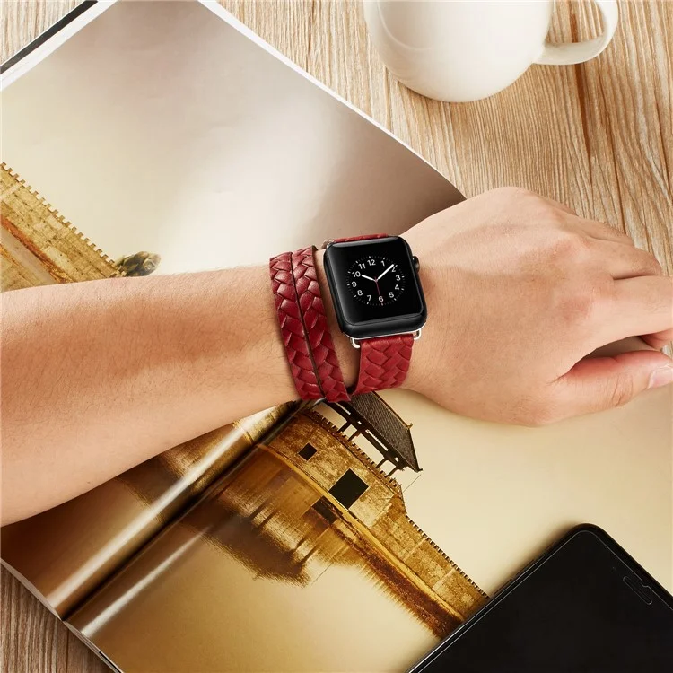 Woven Texture Double Tour Leather Watch Strap with Classic Buckle for Apple Watch Series 3/2/1 42mm - Red
