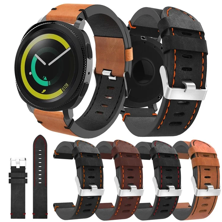 Stitching Genuine Leather Watch Band for Samsung Galaxy Gear Sport - Black / Red Stitching Line