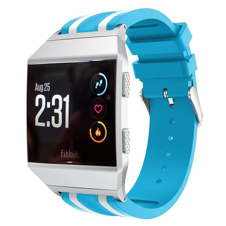 22mm Five Vertical Stripe Soft Silicone Watch Replacement Band + Plug For Fitbit Ionic - Blue / White