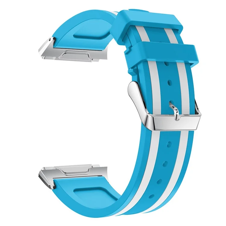 22mm Five Vertical Stripe Soft Silicone Watch Replacement Band + Connector for Fitbit Ionic - Blue / White