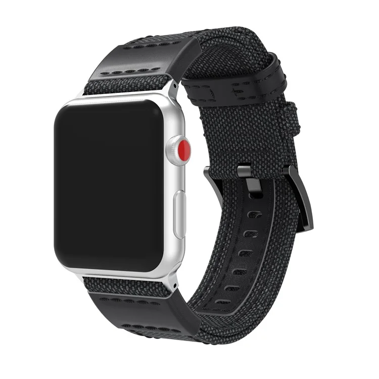 22mm Canvas + Leather Watch Strap + Connector for Apple Watch Series 3/2/1 38mm - Black