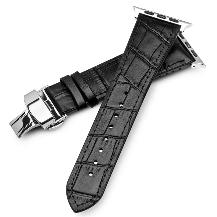 Top-layer Cowhide Leather Butterfly Clasp Watch Band Strap for Apple Watch Series 3/2/1 42mm - Black