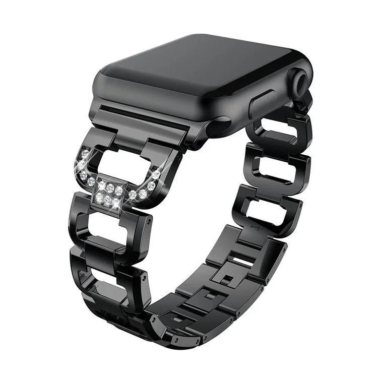 Rhinestones Decor D Shaped Stainless Steel Watch Band for Apple Watch Series 3/2/1 38mm - Black