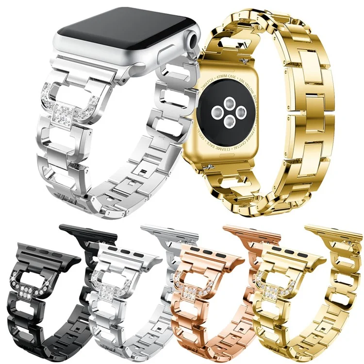 Rhinestones Decor D Shaped Stainless Steel Watch Band for Apple Watch Series 3/2/1 38mm - Black