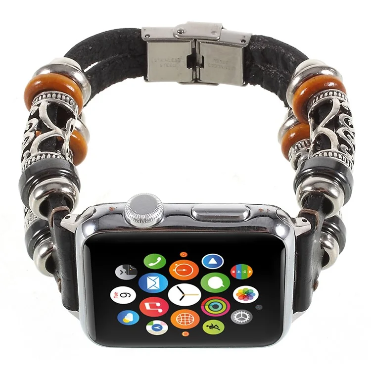Vintage Creative Pattern Genuine Leather Wrist Watch Band for Apple Watch Series 3/2/1 42mm - Black