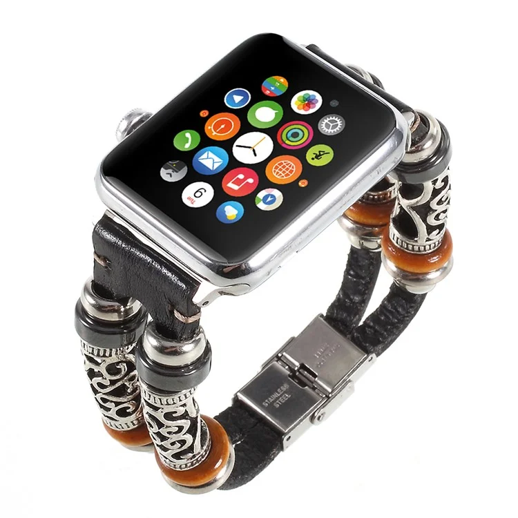 Vintage Creative Pattern Genuine Leather Wrist Watch Band for Apple Watch Series 3/2/1 38mm - Black