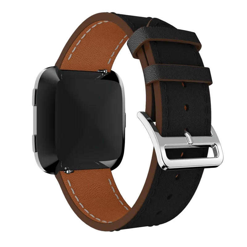 23mm Genuine Leather Wrist Strap for Fitbit Versa, Adjustable Replacement Watch Band - Black