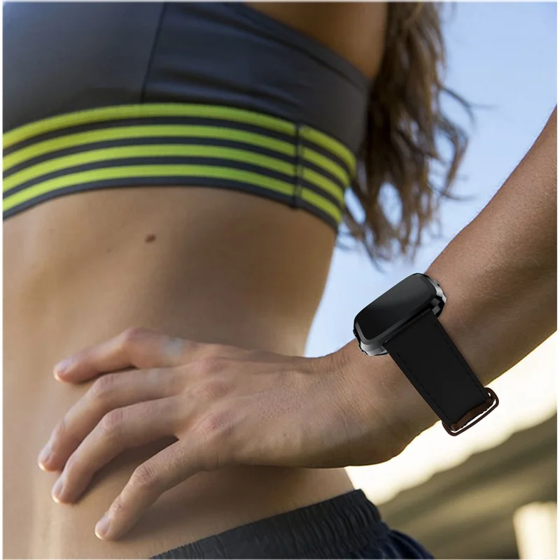 23mm Genuine Leather Wrist Strap for Fitbit Versa, Adjustable Replacement Watch Band - Black