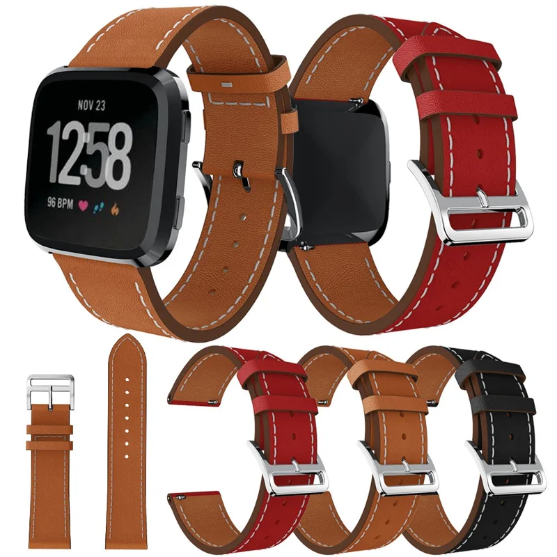 23mm Genuine Leather Wrist Strap for Fitbit Versa, Adjustable Replacement Watch Band - Black