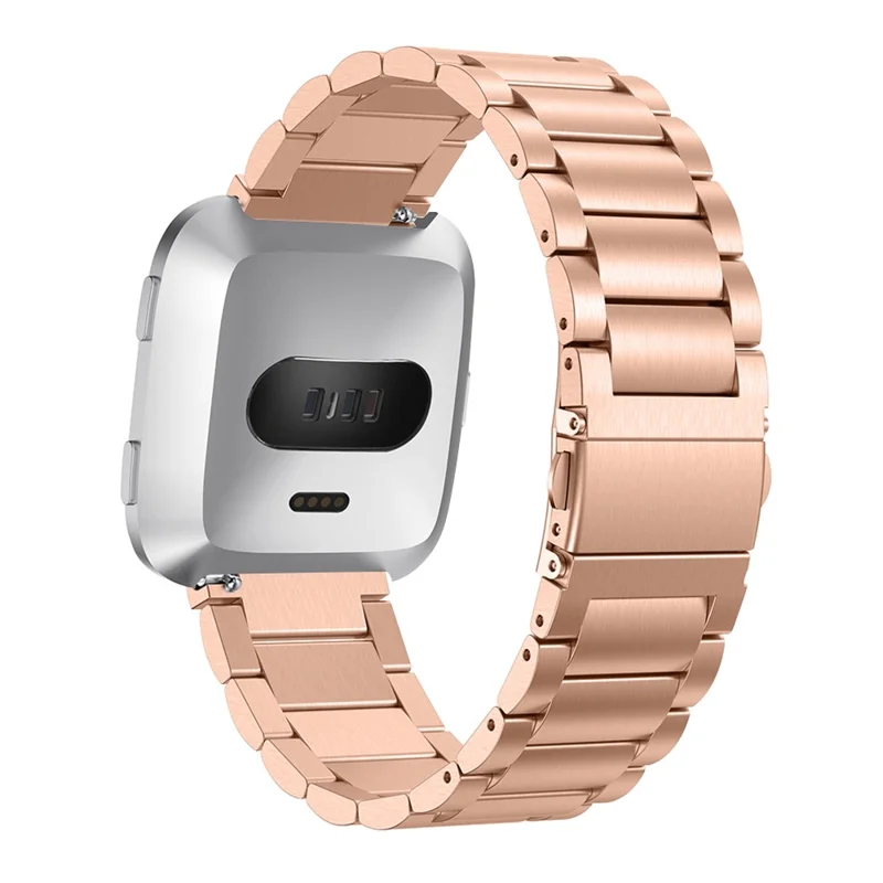 Solid Stainless Steel Watch Band for Fitbit Versa, Three-bead Wrist Strap Replacement - Rose Gold