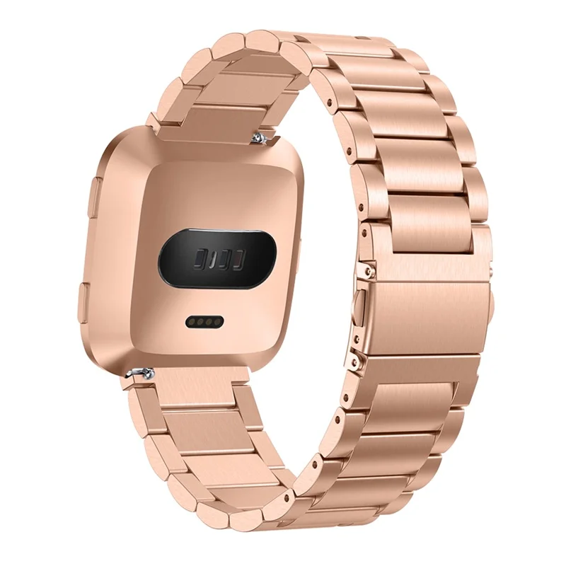 Solid Stainless Steel Watch Band for Fitbit Versa, Three-bead Wrist Strap Replacement - Rose Gold