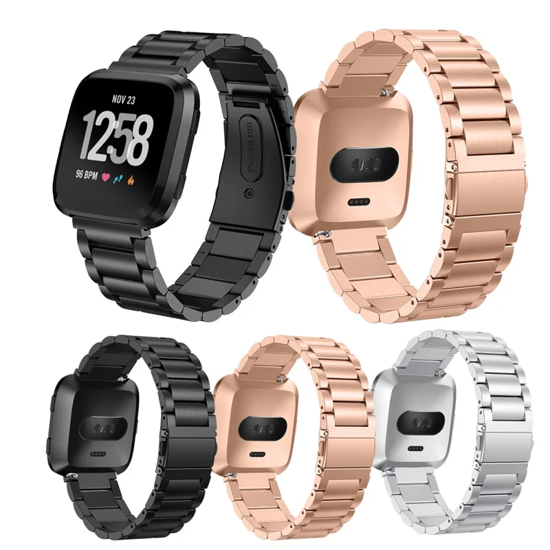 Solid Stainless Steel Watch Band for Fitbit Versa, Three-bead Wrist Strap Replacement - Rose Gold