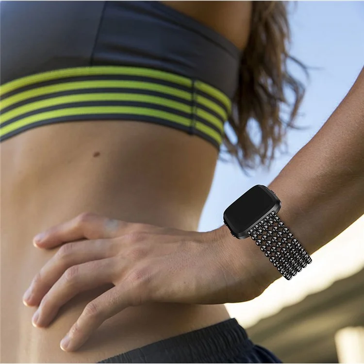 22cm Five Beads Buckle Closure Stainless Steel Watch Band for Fitbit Versa - Black