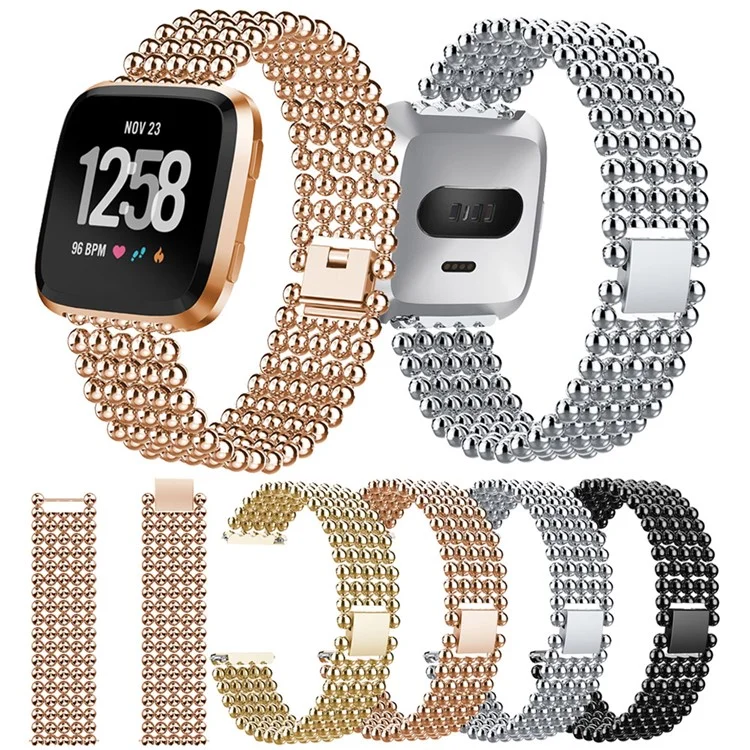 22cm Five Beads Buckle Closure Stainless Steel Watch Band for Fitbit Versa - Black