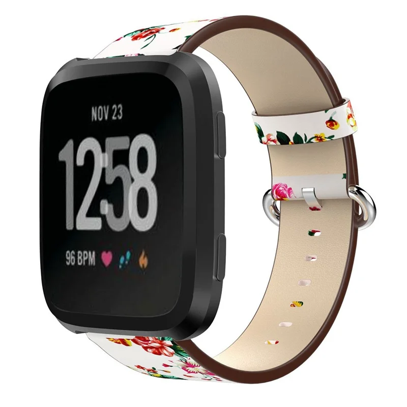For Fitbit Versa Peony Pattern Genuine Leather Watch Strap Adjustable Wrist Band, Length: 122 + 83mm - White Background Red Peony