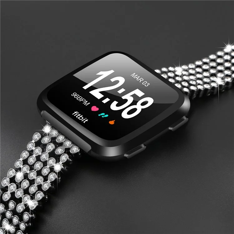 Rhinestones Decor Stainless Steel Watch Band Strap for Fitbit Versa - Black