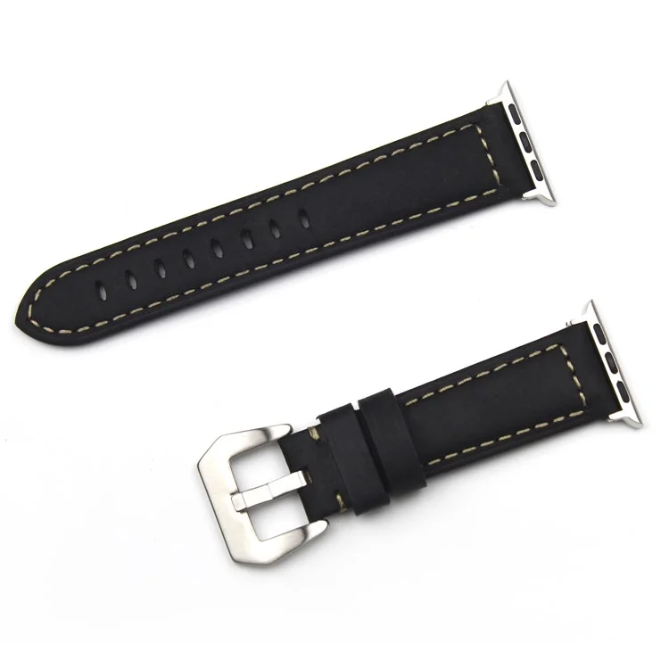 Stitching Genuine Leather Watch Band with Buckle for Apple Watch Series 3/2/1 38mm - Black