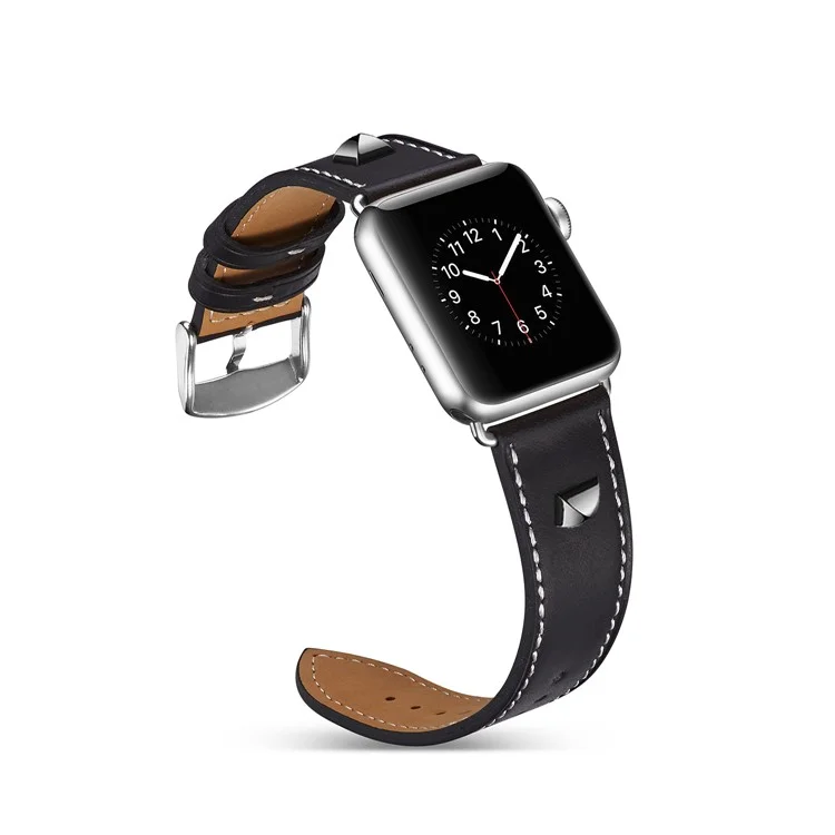 Genuine Leather Rivet Decor Watch Band for Apple Watch Series 3/2/1 38mm - Black