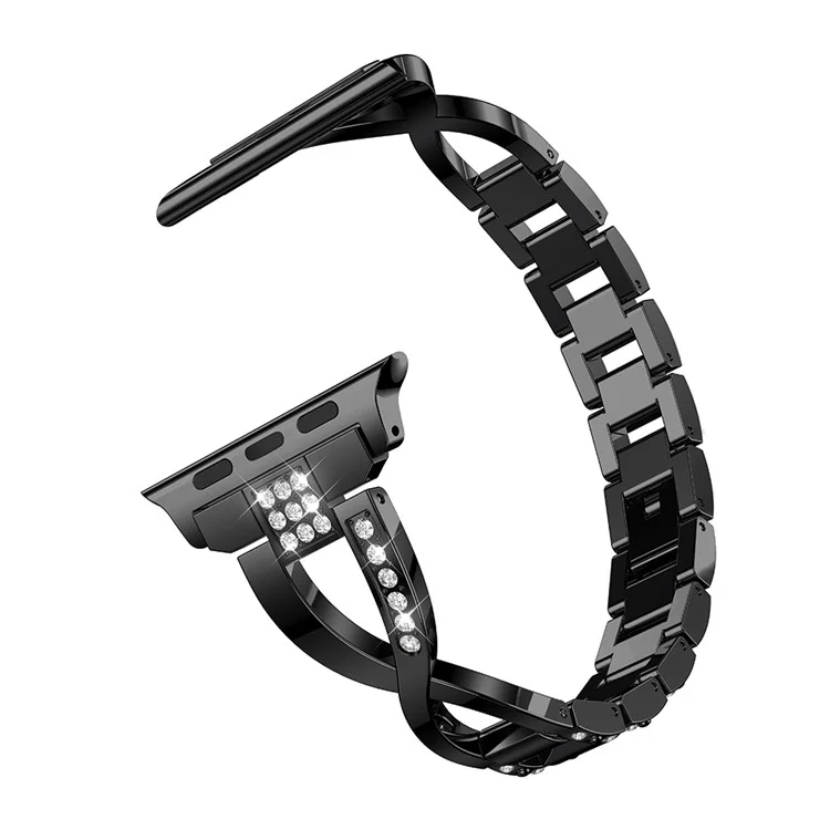 For Apple Watch Series 10 46mm / Ultra 2 Ultra 49mm / 9 8 7 45mm / SE (2023) SE (2022) SE 6 5 4 44mm / 3 2 1 42mm X-Shape Rhinestone Decor Alloy Watch Band Wrist Strap Replacement - Black