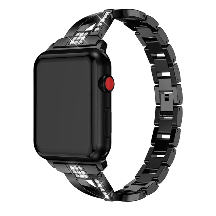 For Apple Watch Series 10 46mm / Ultra 2 Ultra 49mm / 9 8 7 45mm / SE (2023) SE (2022) SE 6 5 4 44mm / 3 2 1 42mm X-Shape Rhinestone Decor Alloy Watch Band Wrist Strap Replacement - Black