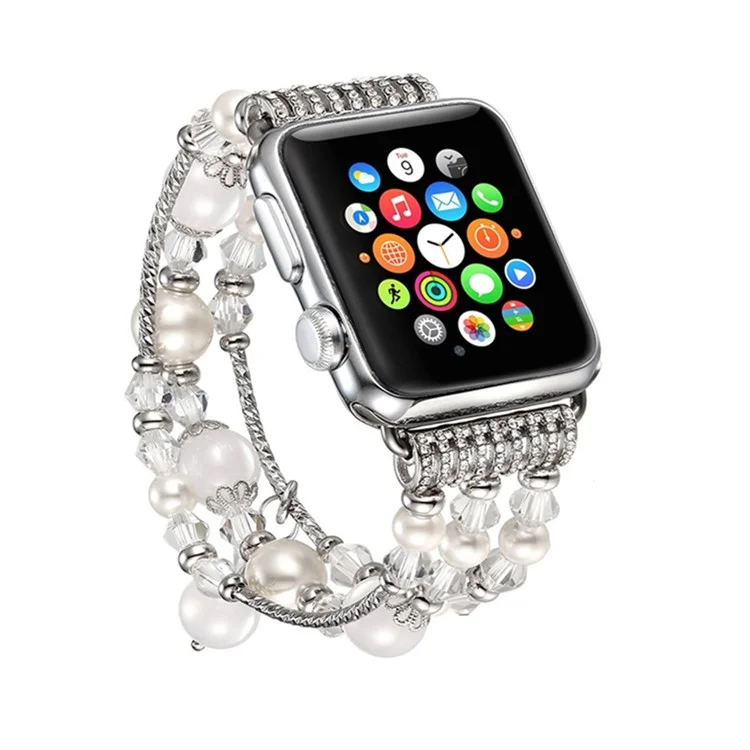 Agate Beads Pearl Watch Bracelet Band for Apple Watch Series 10 42mm / 9 8 7 41mm / SE (2023) SE (2022) SE 6 5 4 40mm / 3 2 1 38mm - White