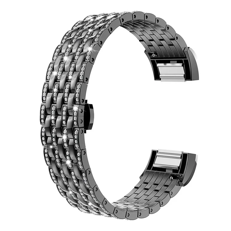 Shiny Rhinestone Decor Metal Watch Band with Butterfly Buckle for Fitbit Charge 2 - Black