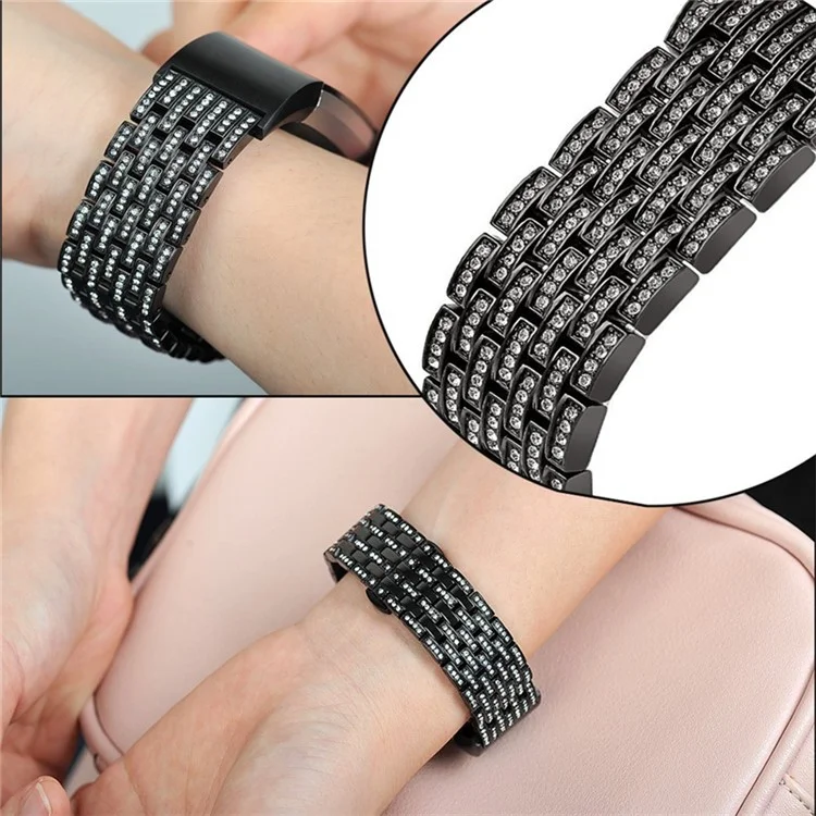 Shiny Rhinestone Decor Metal Watch Band with Butterfly Buckle for Fitbit Charge 2 - Black