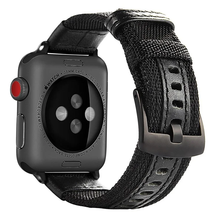 Nylon + PU Leather Watch Strap Stainless Steel Buckle Replacement for Apple Watch Series 3/2/1 38mm - Black