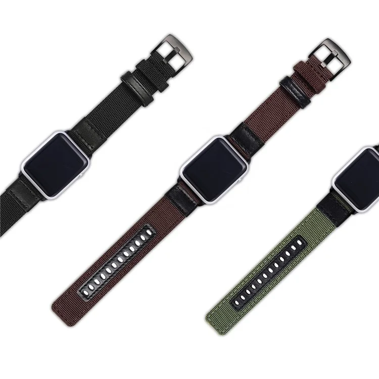Nylon + PU Leather Watch Strap Stainless Steel Buckle Replacement for Apple Watch Series 3/2/1 38mm - Black