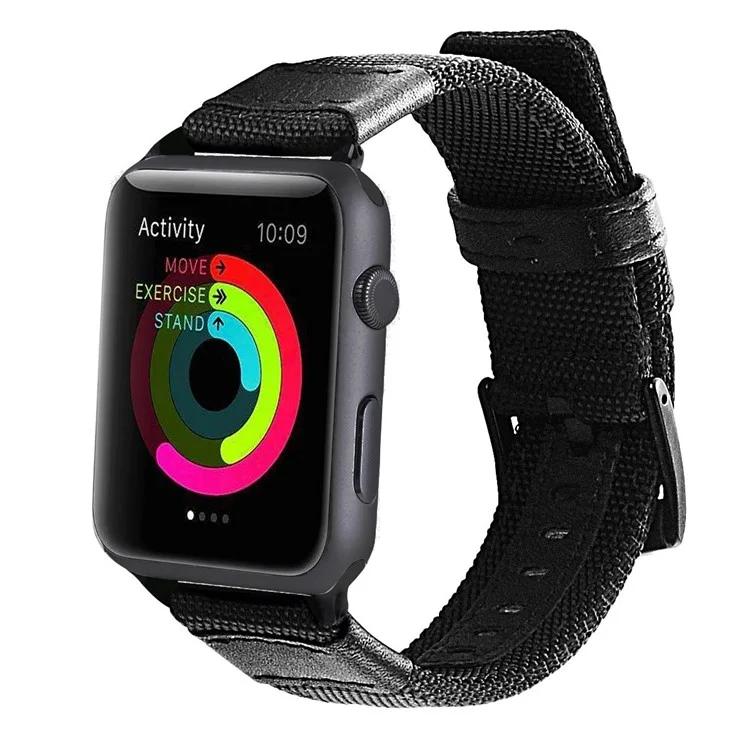Nylon + PU Leather Watch Strap Stainless Steel Buckle Replacement for Apple Watch Series 3/2/1 42mm - Black