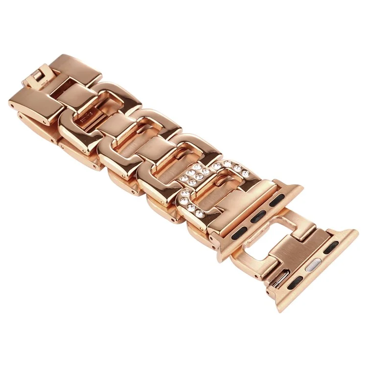 D-Shape Rhinestone Decor Stainless Steel Watch Band for Apple Watch Series 10 42mm / 9 8 7 41mm / SE (2023) SE (2022) SE 6 5 4 40mm / 3 2 1 38mm - Rose Gold