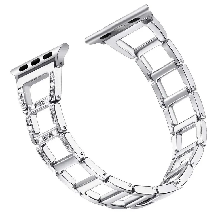 Браслет для часов из цинкового сплава для Apple Watch Series 10 42мм / 9 8 7 41мм / SE (2023) SE (2022) SE 6 5 4 40мм / 3 2 1 38мм [Полый ступенчатый дизайн] [Украшение стразами] - Серебристый