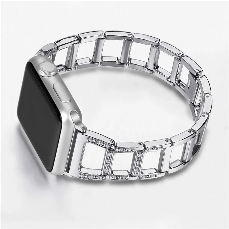Браслет для часов из цинкового сплава для Apple Watch Series 10 42мм / 9 8 7 41мм / SE (2023) SE (2022) SE 6 5 4 40мм / 3 2 1 38мм [Полый ступенчатый дизайн] [Украшение стразами] - Серебристый