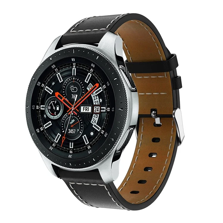 Für Samsung Galaxy Watch 46mm Echtes Rindsleder Armband 22mm Verstellbares Armband mit weißer Naht - Schwarz