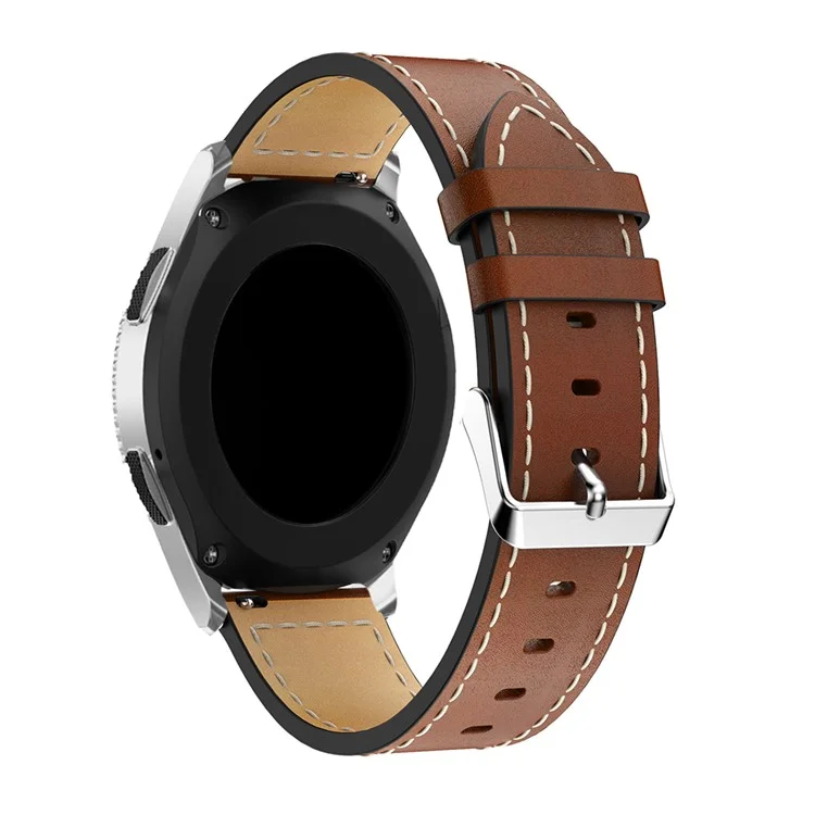 22mm Genuine Leather Watch Band Adjustable Watchband Replacement with White Stitching for Samsung Galaxy Watch 46mm - Brown