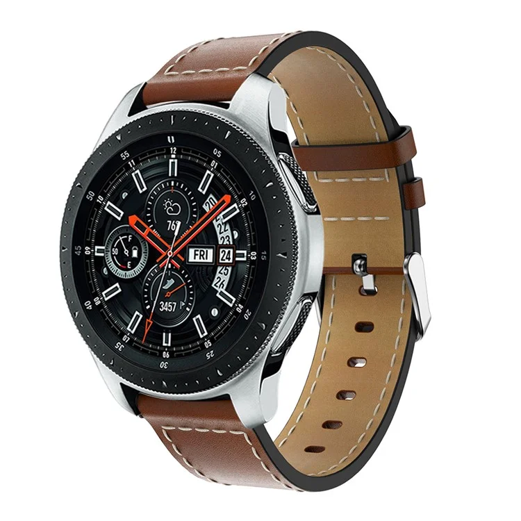 22mm Genuine Leather Watch Band Adjustable Watchband Replacement with White Stitching for Samsung Galaxy Watch 46mm - Brown