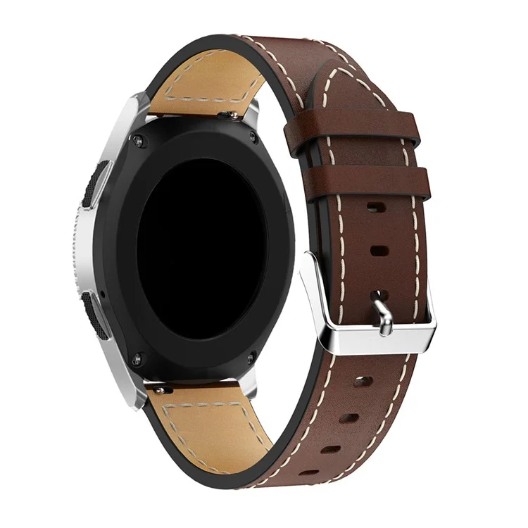 Pulseira de Couro Genuíno para Samsung Galaxy Watch 46mm, 22mm, Ajustável, com Linha de Costura Branca - Marrom Café