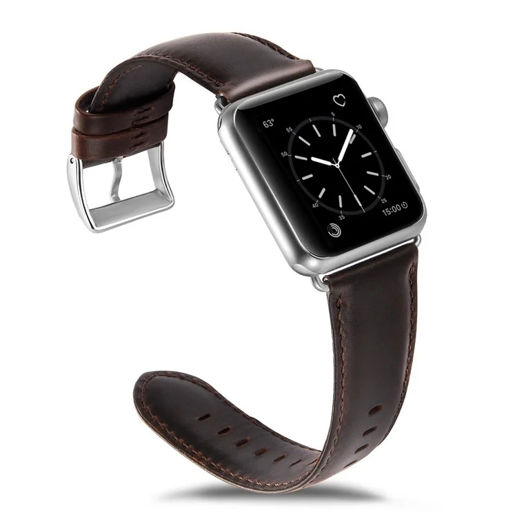 Top Layer Crazy Horse Cowhide Leather Watch Strap Replacement for Apple Watch Series 8 45mm / Ultra 49mm / Ultra 2 49mm / Series 9 45mm / SE (2023) 44mm / 7 45mm  / 6 / SE / SE (2022) / 5 4 44mm, Series 3 / 2 / 1 42mm - Coffee