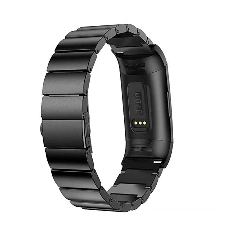 Luxury Metal Watch Strap Replacement with Folding Clasp for Fitbit Charge 4 / 3 - Black