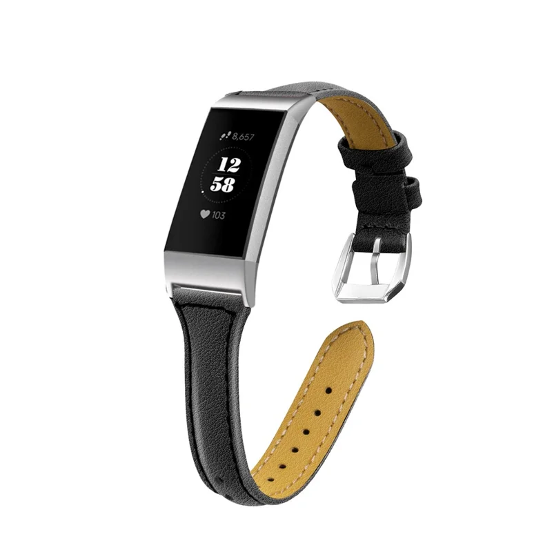 Genuine Leather Watch Band for Fitbit Charge 4/3, Stainless Steel Smart Watch Strap Replacement - Black