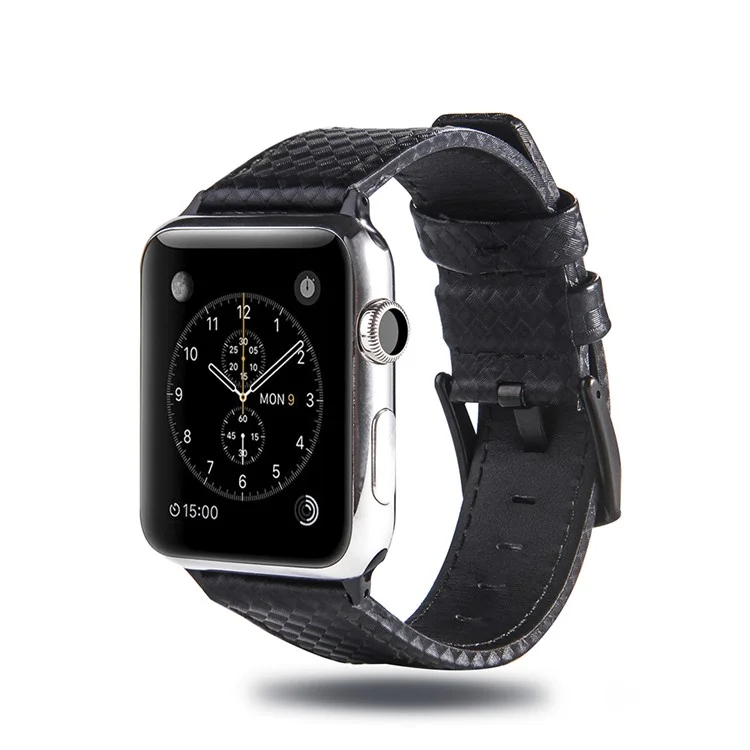 Carbon Fiber Textur Echtes Leder Armband für Apple Watch Series 10 46mm / Ultra 2 Ultra 49mm / 9 8 7 45mm / SE (2023) SE (2022) SE 6 5 4 44mm / 3 2 1 42mm - Schwarz