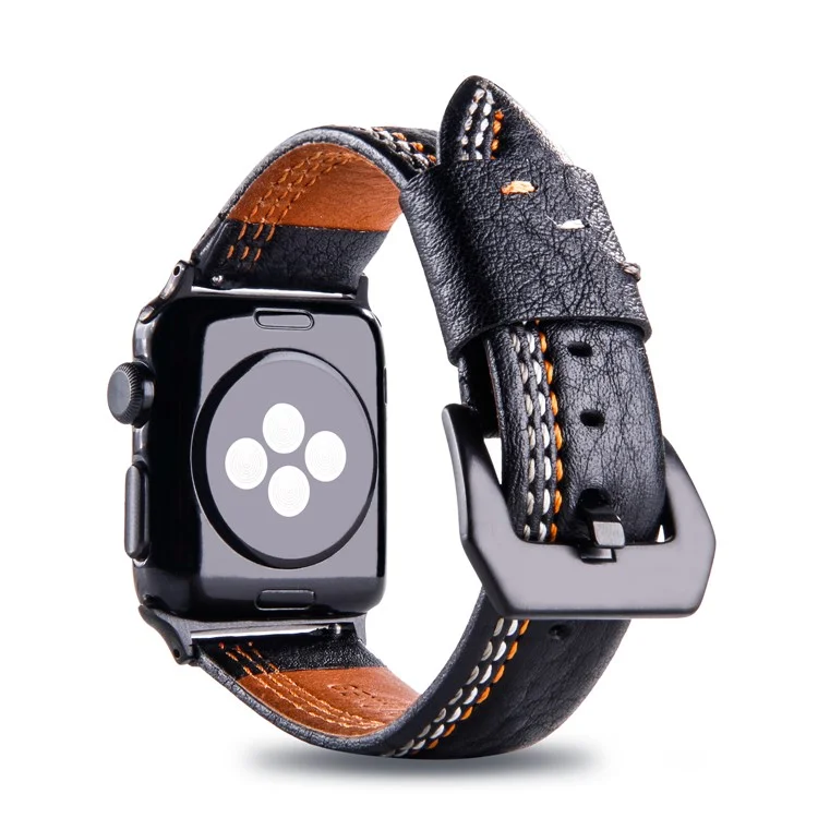 Cowhide Genuine Leather Watch Band Accessory for Apple Watch Series 10 46mm / Ultra 2 Ultra 49mm / 9 8 7 45mm / SE (2023) SE (2022) SE 6 5 4 44mm / 3 2 1 42mm - Black