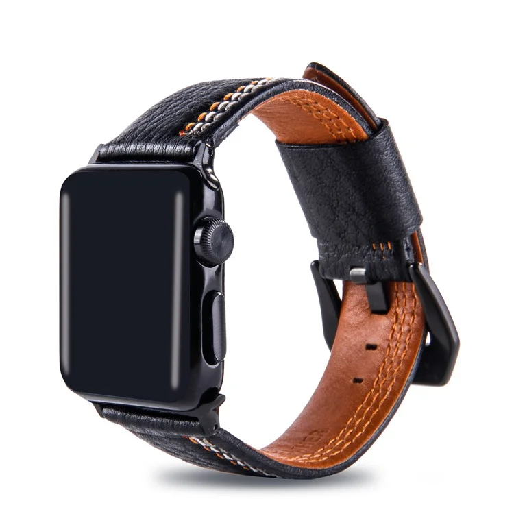 Cowhide Genuine Leather Watch Band Accessory for Apple Watch Series 10 46mm / Ultra 2 Ultra 49mm / 9 8 7 45mm / SE (2023) SE (2022) SE 6 5 4 44mm / 3 2 1 42mm - Black