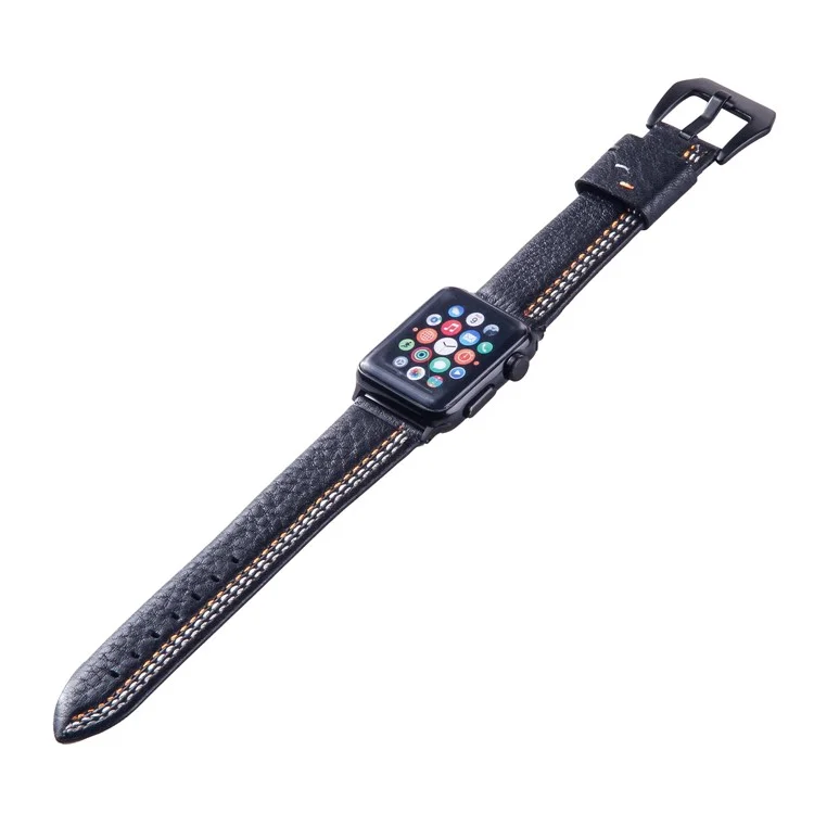 Cowhide Genuine Leather Watch Band Accessory for Apple Watch Series 10 46mm / Ultra 2 Ultra 49mm / 9 8 7 45mm / SE (2023) SE (2022) SE 6 5 4 44mm / 3 2 1 42mm - Black