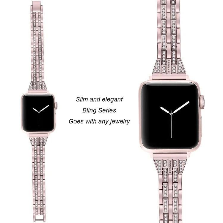 Zweireihiges Rhinestone-Dekor-Edelstahlarmband als Ersatz für Apple Watch Series 10 42 mm / 9 8 7 41 mm / SE (2023) SE (2022) SE 6 5 4 40 mm / 3 2 1 38 mm - Roségold