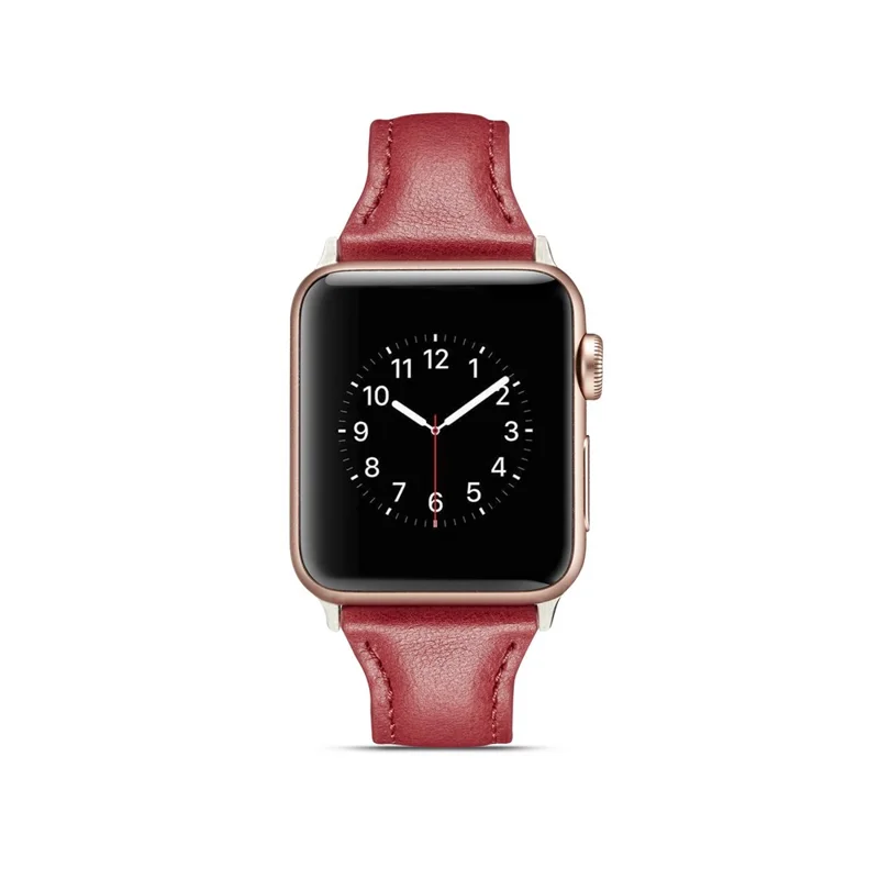 Thin Genuine Leather Watch Band Replacement for Apple Watch Ultra 3 2 1 49mm / Series 11 10 46mm / 9 8 7 45mm / SE3 SE2 SE 6 5 4 44mm / 3 2 1 42mm - Red