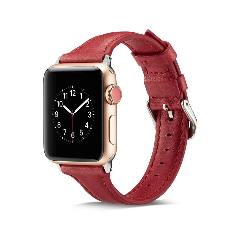 Thin Genuine Leather Watch Band Replacement for Apple Watch Ultra 3 2 1 49mm / Series 11 10 46mm / 9 8 7 45mm / SE3 SE2 SE 6 5 4 44mm / 3 2 1 42mm - Red