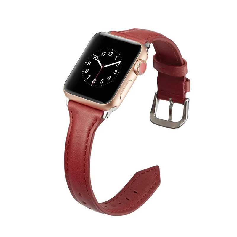 Thin Genuine Leather Watch Band Replacement for Apple Watch Ultra 3 2 1 49mm / Series 11 10 46mm / 9 8 7 45mm / SE3 SE2 SE 6 5 4 44mm / 3 2 1 42mm - Red